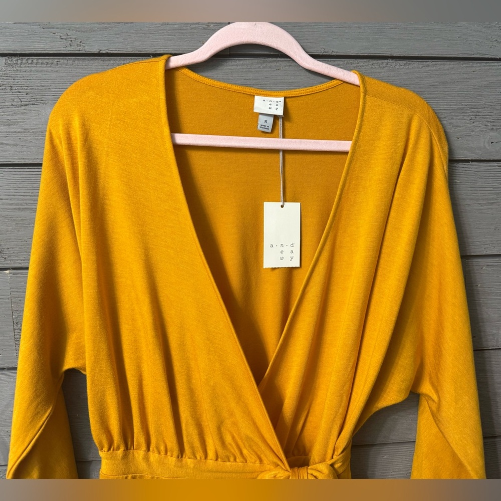 NWT A.N.D. EAWY Mustard Yellow Asymmetrical Wrap Dress Sz M Spring Summer Party - Picture 6 of 15